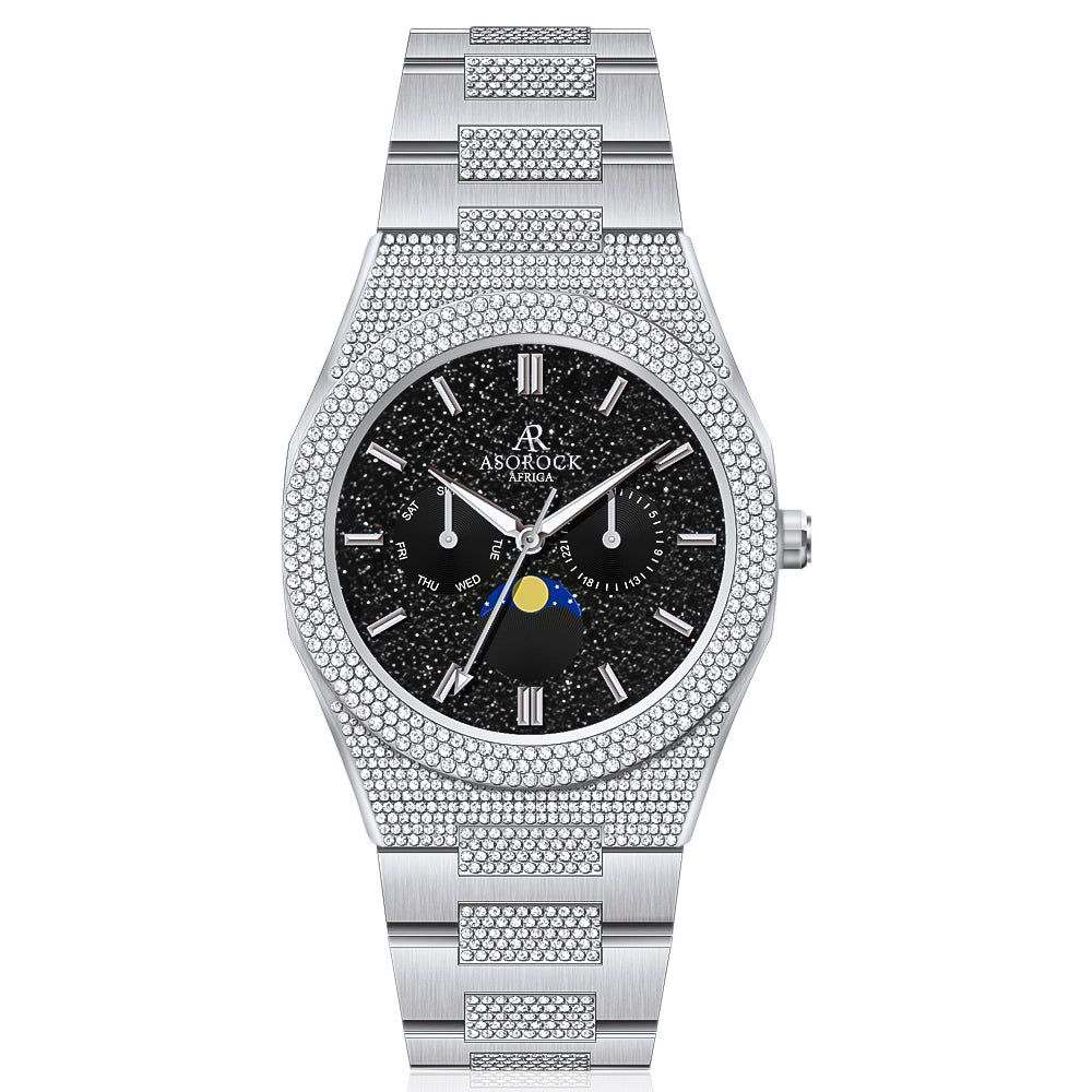 Iced transporter - Small diamond bezel - Half iced strap - from ASOROCK WATCHES  a black african american owned luxury unique watch brand with swiss rolex, Audemars Piguet, patek homage inspired style watches. Also a custom vvs moissanite diamond watch maker. 