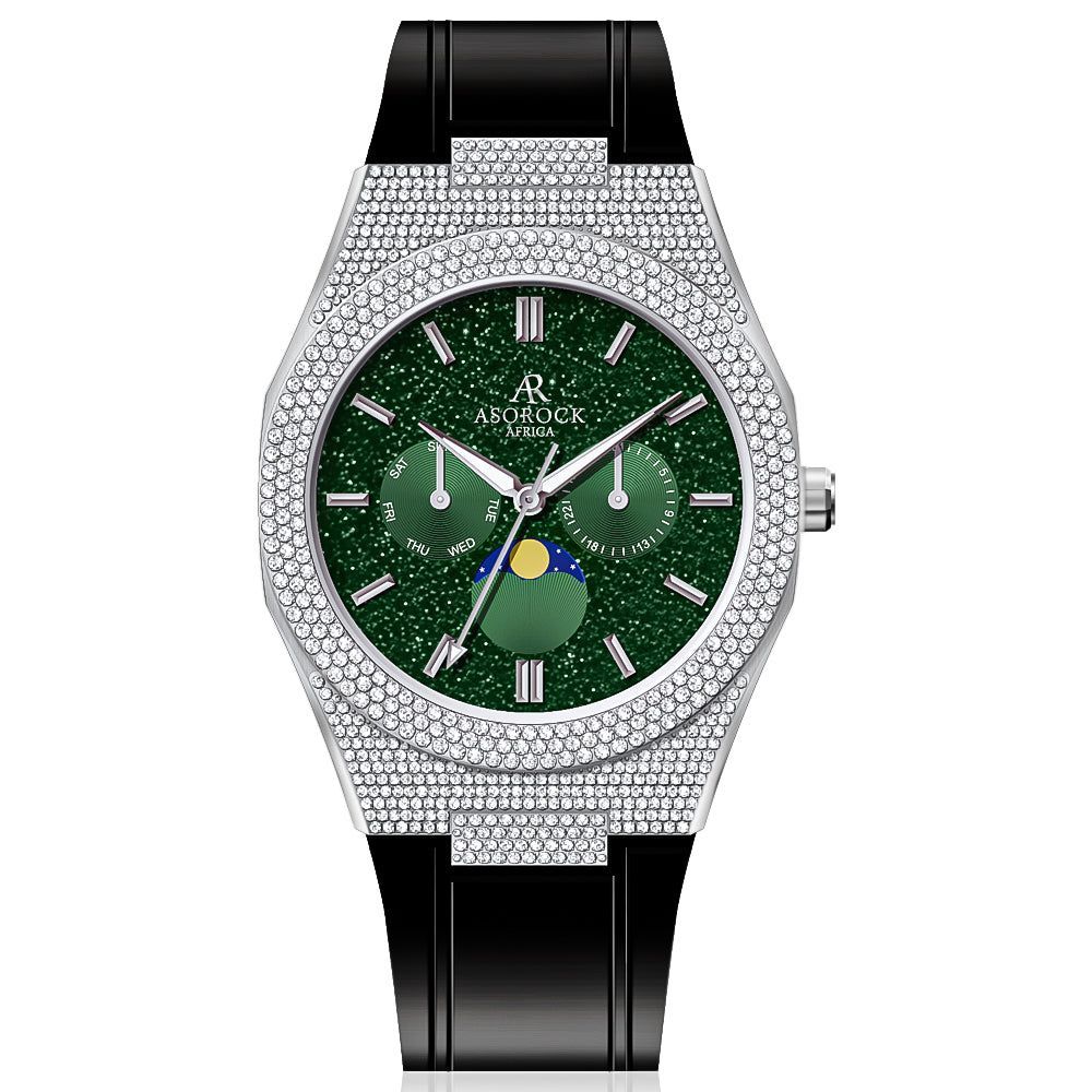 Iced transporter - small diamond bezel - rubber strap - from ASOROCK WATCHES  a black african american owned luxury unique watch brand with swiss rolex, Audemars Piguet, patek homage inspired style watches. Also a custom vvs moissanite diamond watch maker. 