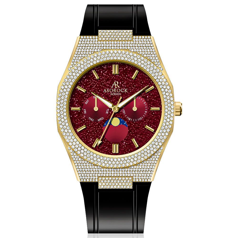 Iced transporter - small diamond bezel - rubber strap - from ASOROCK WATCHES  a black african american owned luxury unique watch brand with swiss rolex, Audemars Piguet, patek homage inspired style watches. Also a custom vvs moissanite diamond watch maker. 