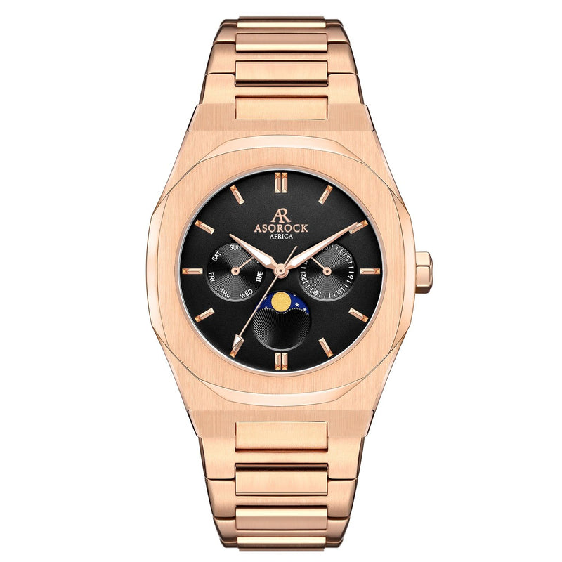 Rosegold/Black Transporter - from ASOROCK WATCHES  a black african american owned luxury unique watch brand with swiss rolex, Audemars Piguet, patek homage inspired style watches. Also a custom vvs moissanite diamond watch maker. 