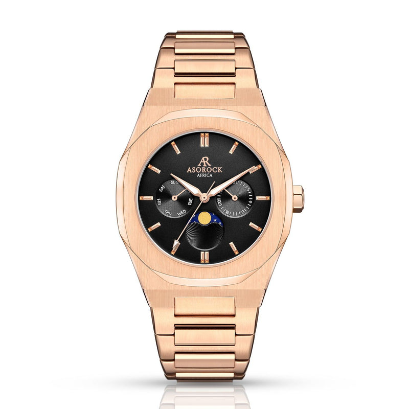 Rosegold/Black Transporter - from ASOROCK WATCHES  a black african american owned luxury unique watch brand with swiss rolex, Audemars Piguet, patek homage inspired style watches. Also a custom vvs moissanite diamond watch maker. 
