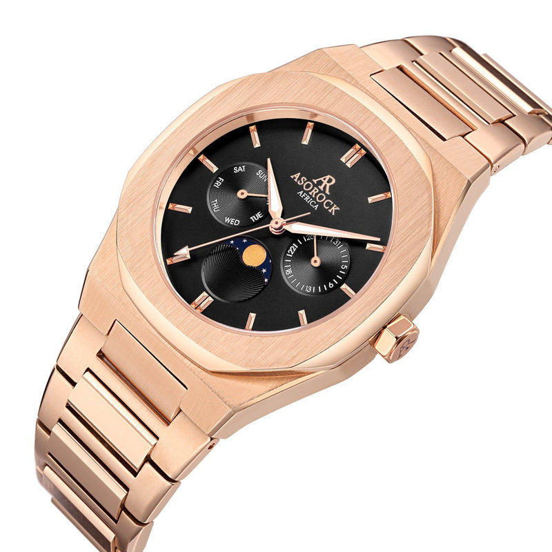 Rosegold/Black Transporter - from ASOROCK WATCHES  a black african american owned luxury unique watch brand with swiss rolex, Audemars Piguet, patek homage inspired style watches. Also a custom vvs moissanite diamond watch maker. 