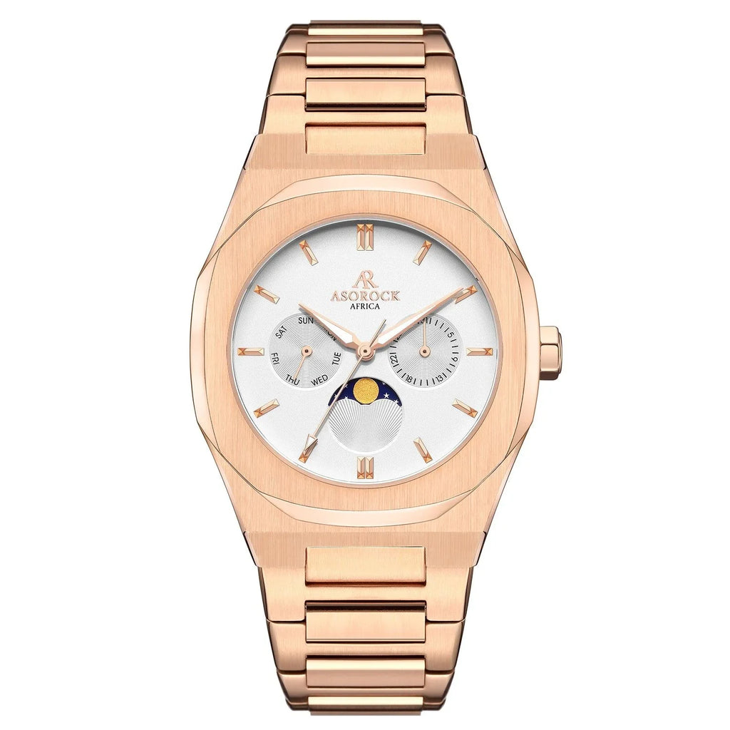 Rosegold/White Transporter - from ASOROCK WATCHES  a black african american owned luxury unique watch brand with swiss rolex, Audemars Piguet, patek homage inspired style watches. Also a custom vvs moissanite diamond watch maker. 