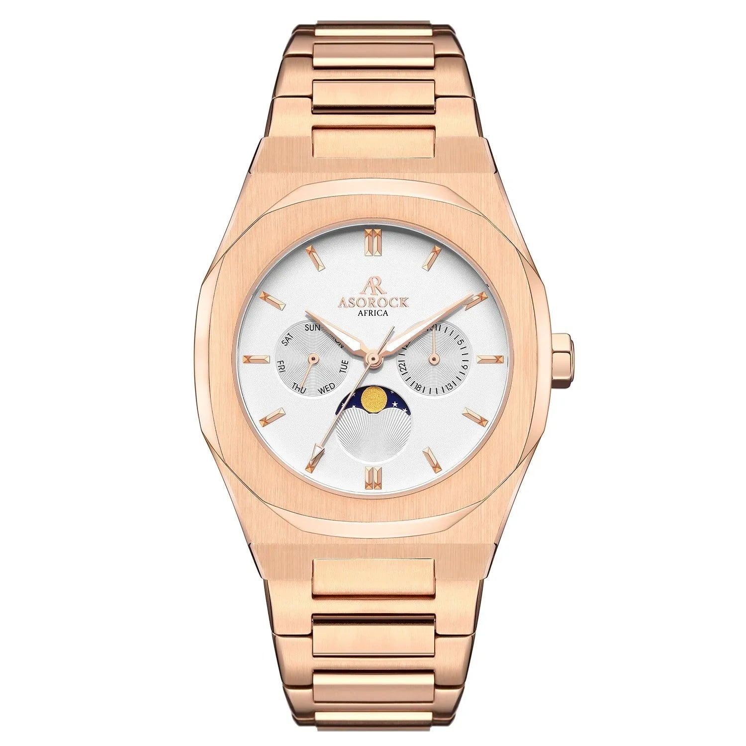 Rosegold/White Transporter - from ASOROCK WATCHES  a black african american owned luxury unique watch brand with swiss rolex, Audemars Piguet, patek homage inspired style watches. Also a custom vvs moissanite diamond watch maker. 
