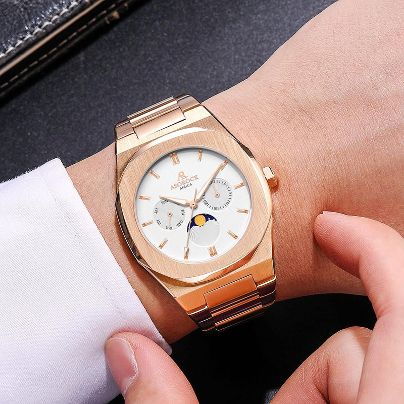Rosegold/White Transporter - from ASOROCK WATCHES  a black african american owned luxury unique watch brand with swiss rolex, Audemars Piguet, patek homage inspired style watches. Also a custom vvs moissanite diamond watch maker. 