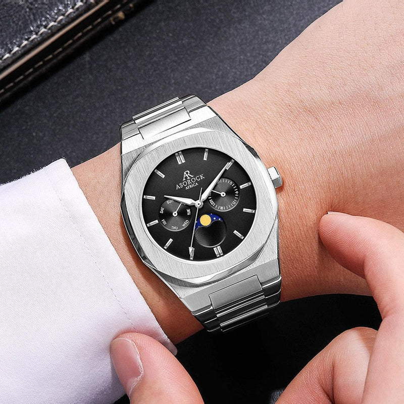 Silver/Black Transporter - from ASOROCK WATCHES  a black african american owned luxury unique watch brand with swiss rolex, Audemars Piguet, patek homage inspired style watches. Also a custom vvs moissanite diamond watch maker. 