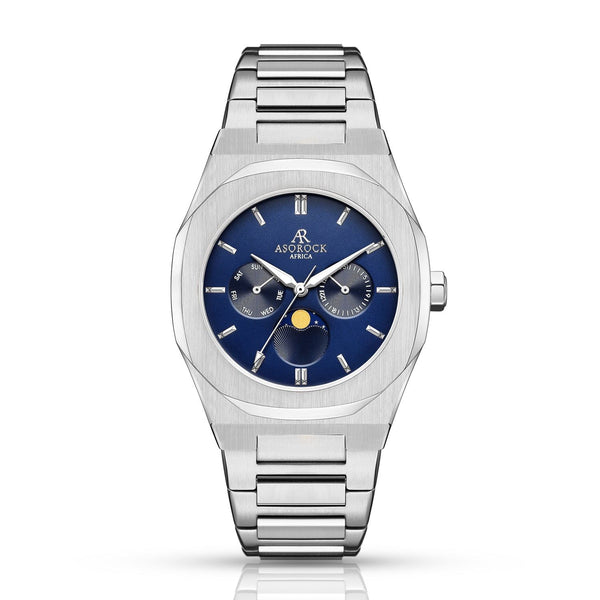 Silver/Blue Transporter - from ASOROCK WATCHES  a black african american owned luxury unique watch brand with swiss rolex, Audemars Piguet, patek homage inspired style watches. Also a custom vvs moissanite diamond watch maker. 