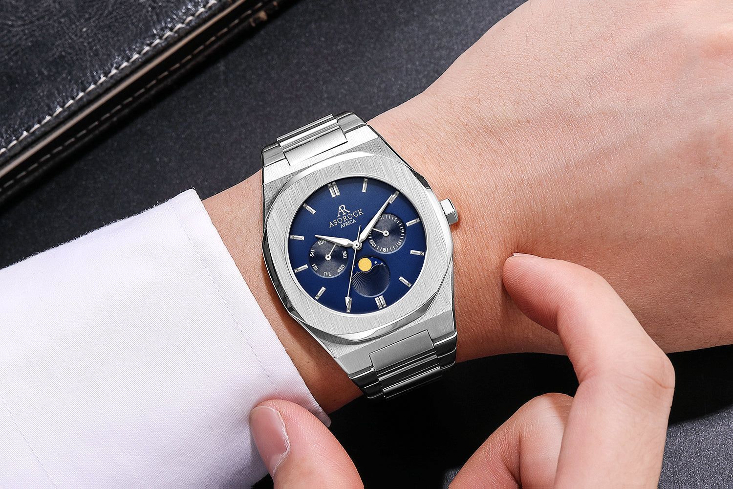 Silver/Blue Transporter - from ASOROCK WATCHES  a black african american owned luxury unique watch brand with swiss rolex, Audemars Piguet, patek homage inspired style watches. Also a custom vvs moissanite diamond watch maker. 
