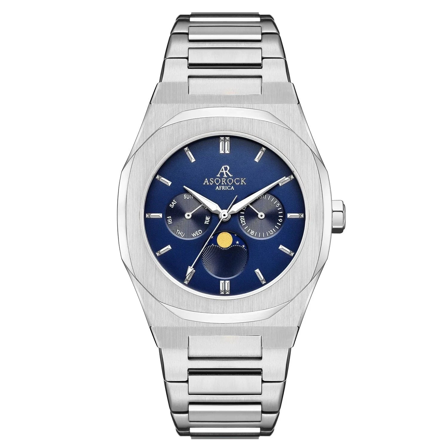 Silver/Blue Transporter - from ASOROCK WATCHES  a black african american owned luxury unique watch brand with swiss rolex, Audemars Piguet, patek homage inspired style watches. Also a custom vvs moissanite diamond watch maker. 